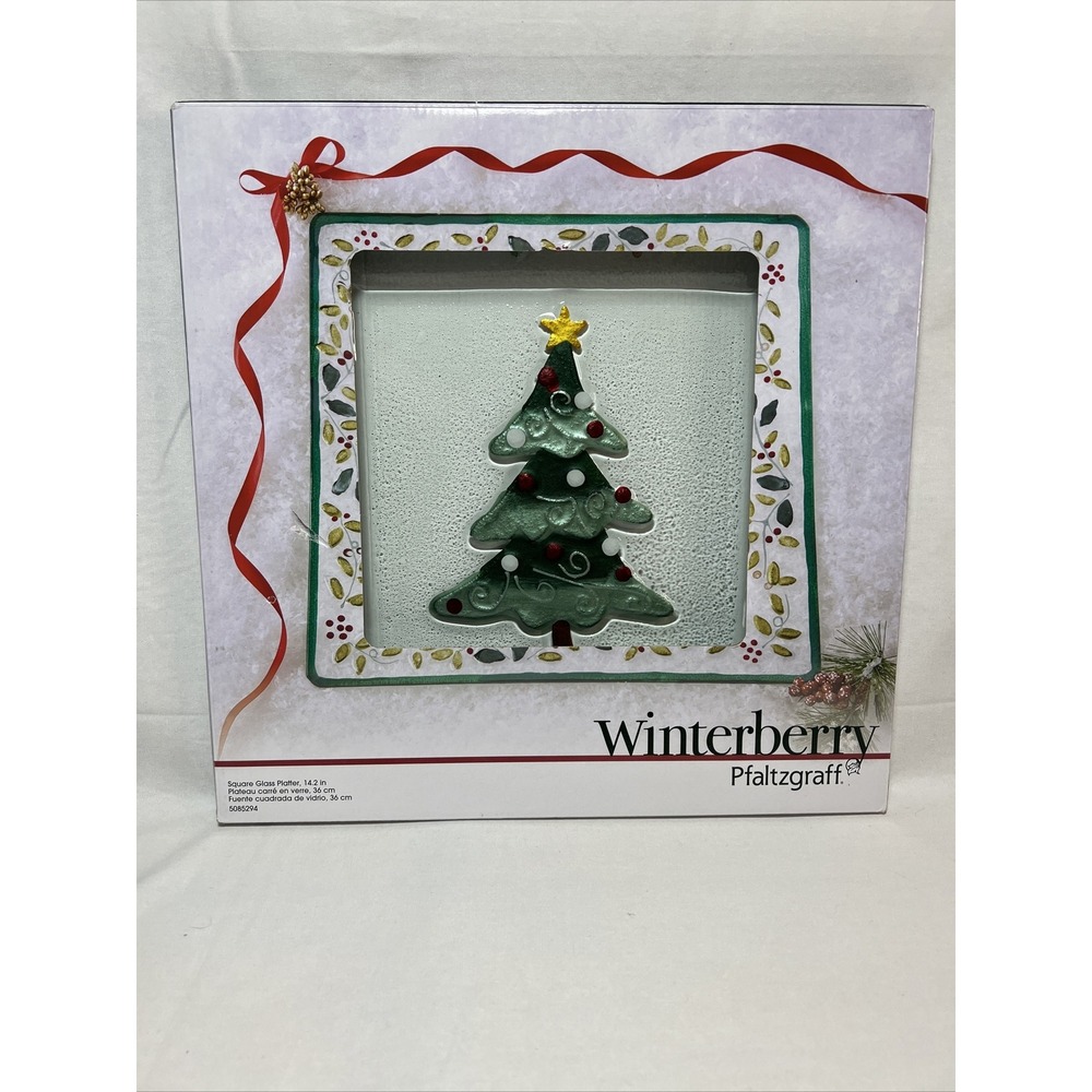 Pfaltzgraff Winterberry Square Glass Platter Tray Christmas Tree 14" x 14" NIB